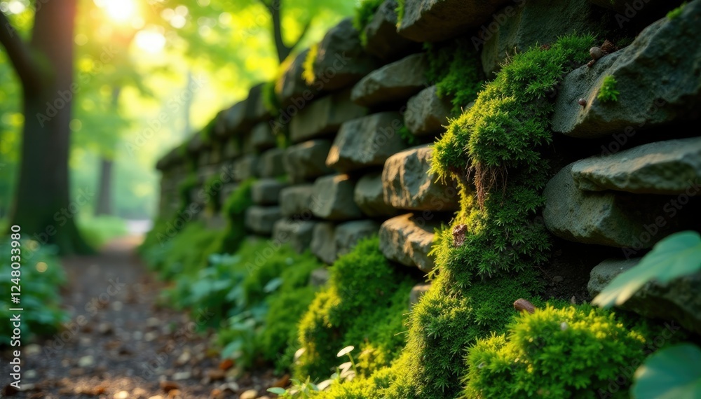 Obraz premium Moss-covered stone wall with a hint of sunlight peeking through the trees, nature, sunlight