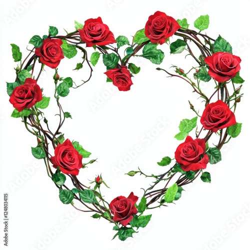A wreath of intertwined red roses and green vines shaped like a heart, on isolated white background