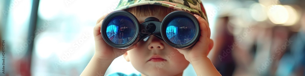 A young boy looks through a pair of binoculars, observing the outdoors A young boy looks through a pair of binoculars, observing the outdoors