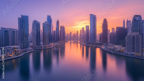 Modern skyline at dawn, vibrant colors reflecting on water, urban landscape showcasing architectural diversity and tranquility.