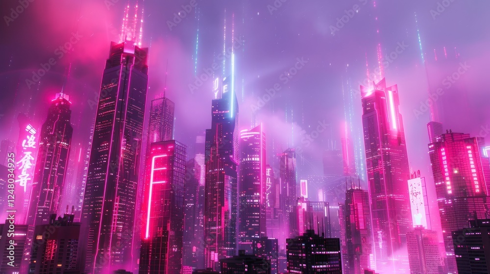 Fototapeta premium Illustration retro futuristic city with synthwave neon lights illuminated background. Generated AI