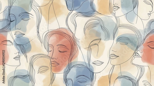 Abstract illustration of diverse faces in soft colors.