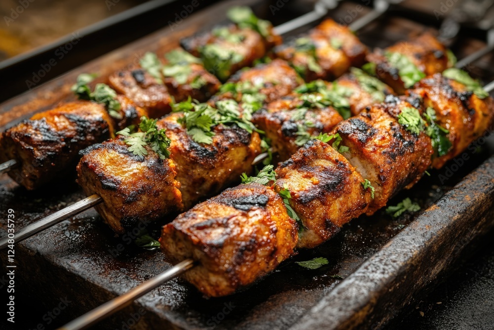 A close-up shot of a skewer of meat sizzling on a grill, perfect for cooking and food images A close-up shot of a skewer of meat sizzling on a grill, perfect for cooking and food images