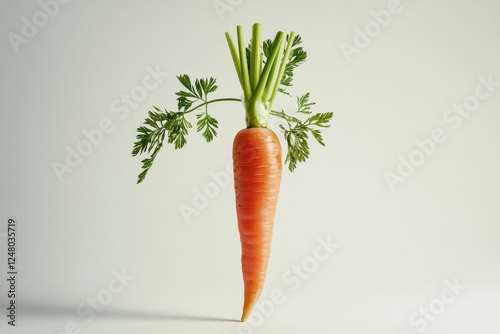 A single carrot with the stalk still attached, often used as a prop for food or gardening photography photo