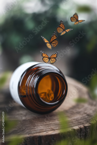 A pill bottle with butterflies emerging from the open top, symbolizing transformation and healing