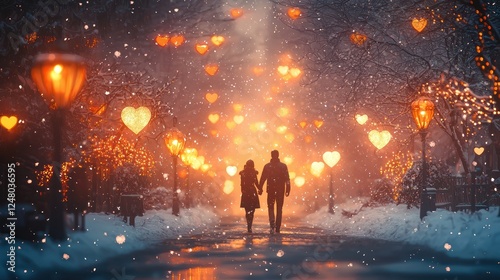 Romantic couple walking in a heart-lit winter scene.