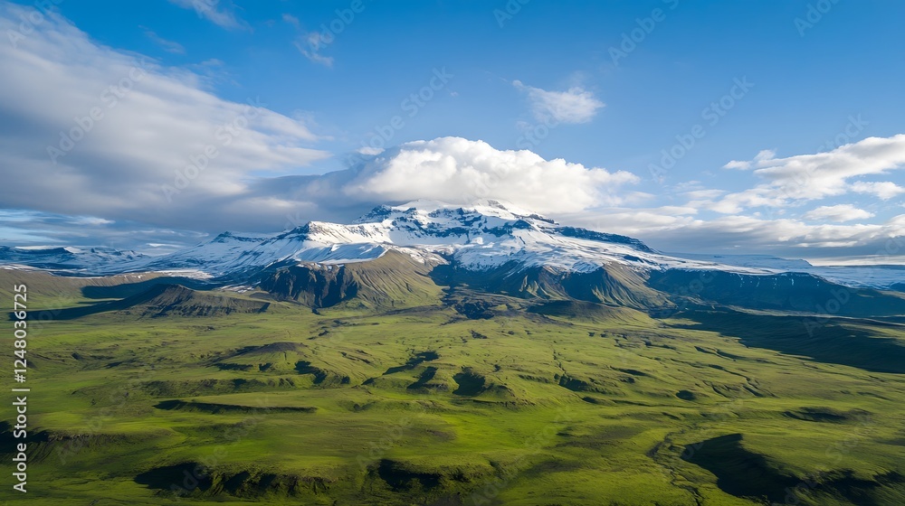 Naklejka premium Lush green landscape with dramatic clouds, vibrant hills stretching into the distance, perfect for nature-themed projects.