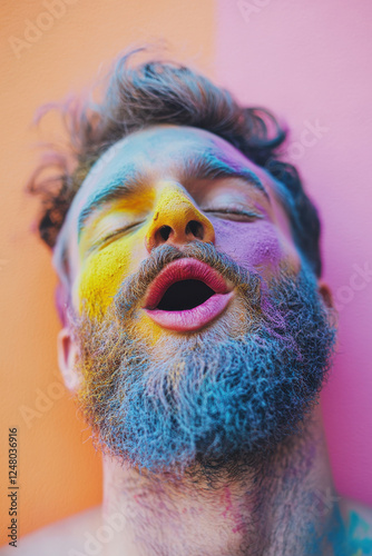 Puckering man wearing lipstick and multicolored chalk through beard photo