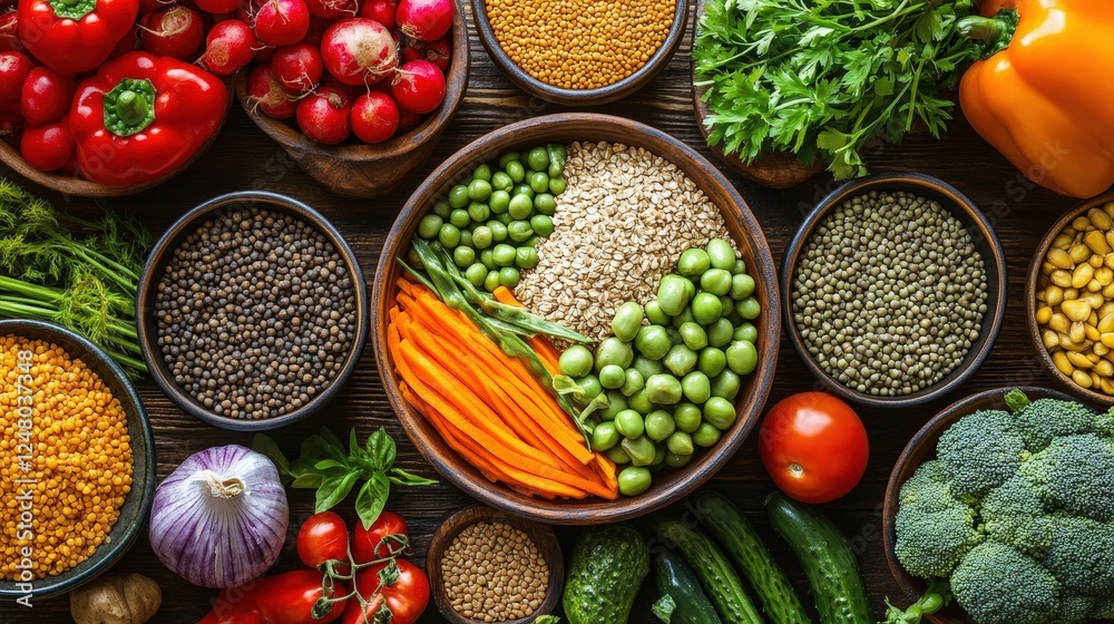 A Rainbow of Healthy Choices: A vibrant and diverse spread of fresh vegetables and legumes, arranged in a visually appealing display, celebrates the abundance and beauty of plant-based nutrition. A Rainbow of Healthy Choices: A vibrant and diverse spread of fresh vegetables and legumes, arranged in a visually appealing display, celebrates the abundance and beauty of plant-based nutrition.