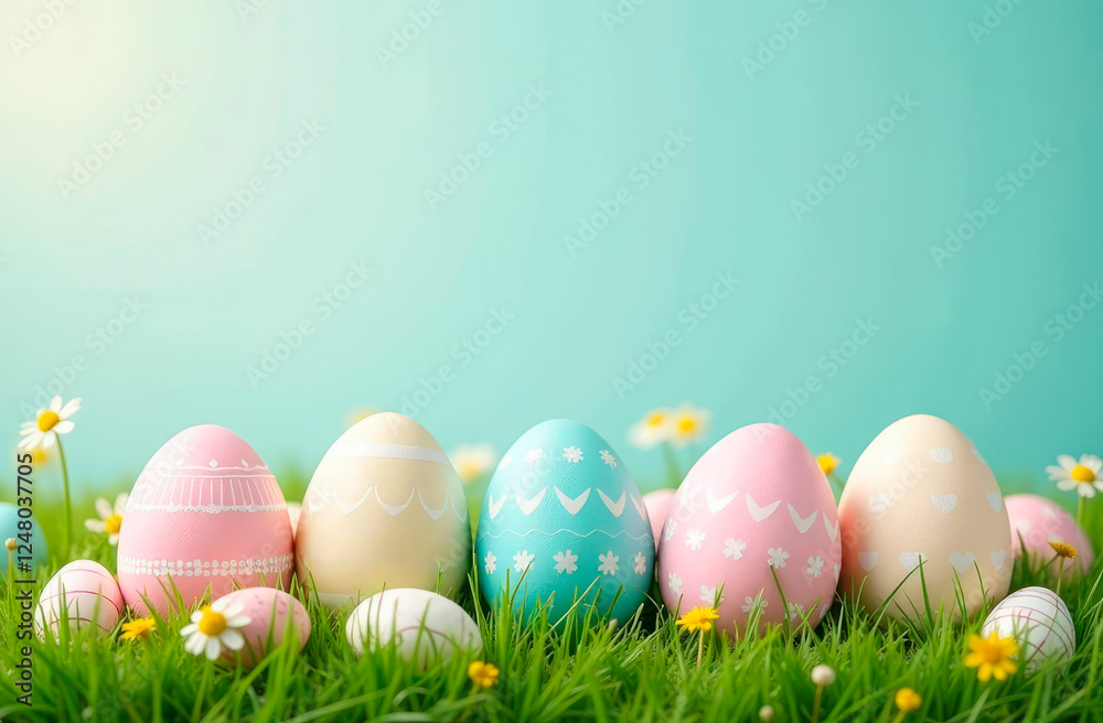 multicolored chicken's easter eggs in a row on the grass on a blue background with copy space and place for text. Easter banner or card multicolored chicken's easter eggs in a row on the grass on a blue background with copy space and place for text. Easter banner or card