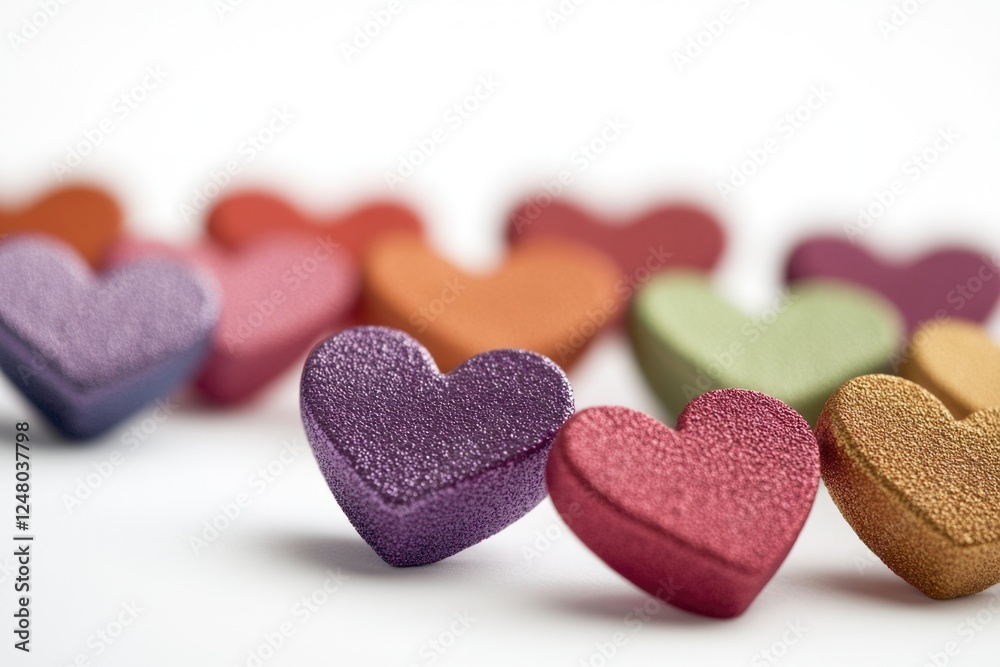 Obraz premium A row of colorful hearts on a white background, great for Valentine's Day or love-themed projects