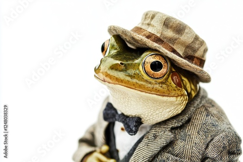 A person wearing a frog costume with a suit and hat