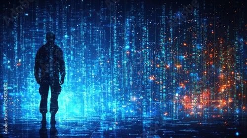 Silhouette of a soldier standing in a futuristic digital landscape, a mesmerizing blend of technology and warfare. A cyberpunk vision of the future.