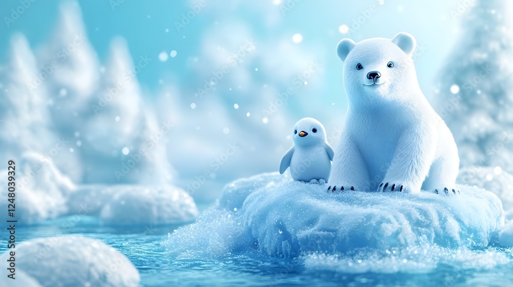 Fototapeta premium Polar Bear Mother and Cub on Snowy Icy Landscape in Arctic Tundra