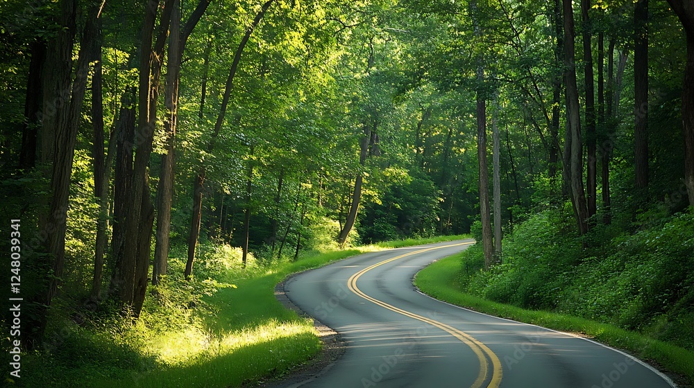 Obraz premium Serene Winding Road Through Lush Green Forest