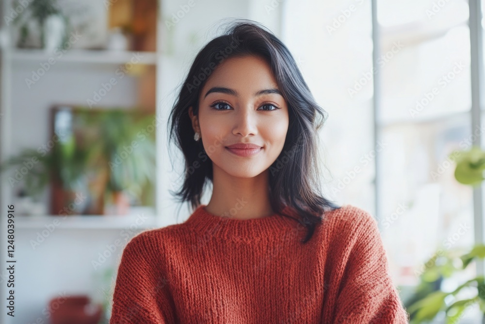 A woman stands in front of a window wearing an orange sweater, looking out at something A woman stands in front of a window wearing an orange sweater, looking out at something
