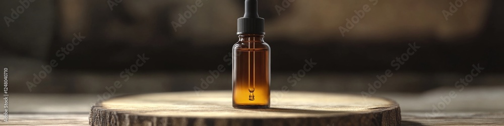 A bottle of essential oil placed on a wooden table, ideal for use in lifestyle and wellness photography A bottle of essential oil placed on a wooden table, ideal for use in lifestyle and wellness photography