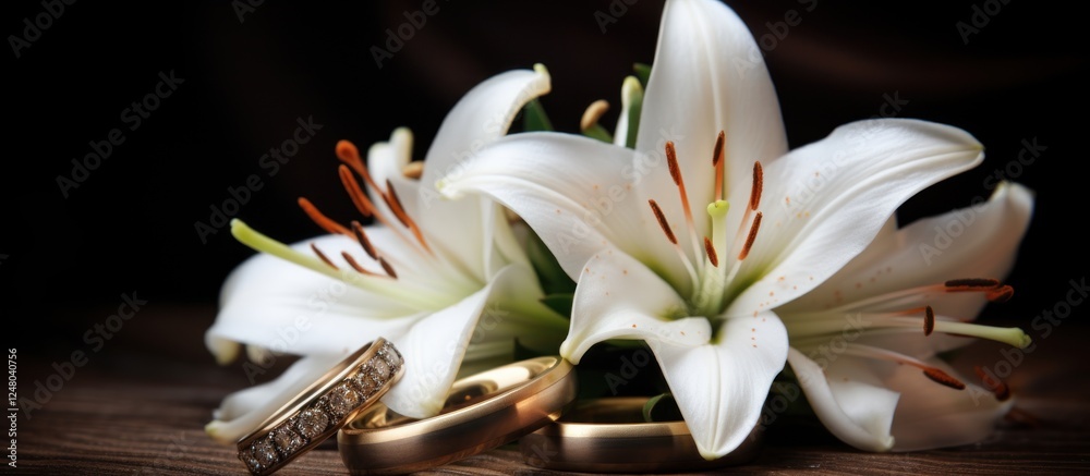 Fototapeta premium Closeup of wedding rings and white lily on dark background. AI generated image
