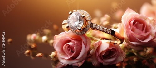 Closeup of Jewelry wedding ring on the background of a bouquet of rose flower.