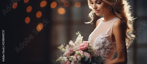 Portrait beautiful bride in wedding dress with bouquet of flowers on dark background