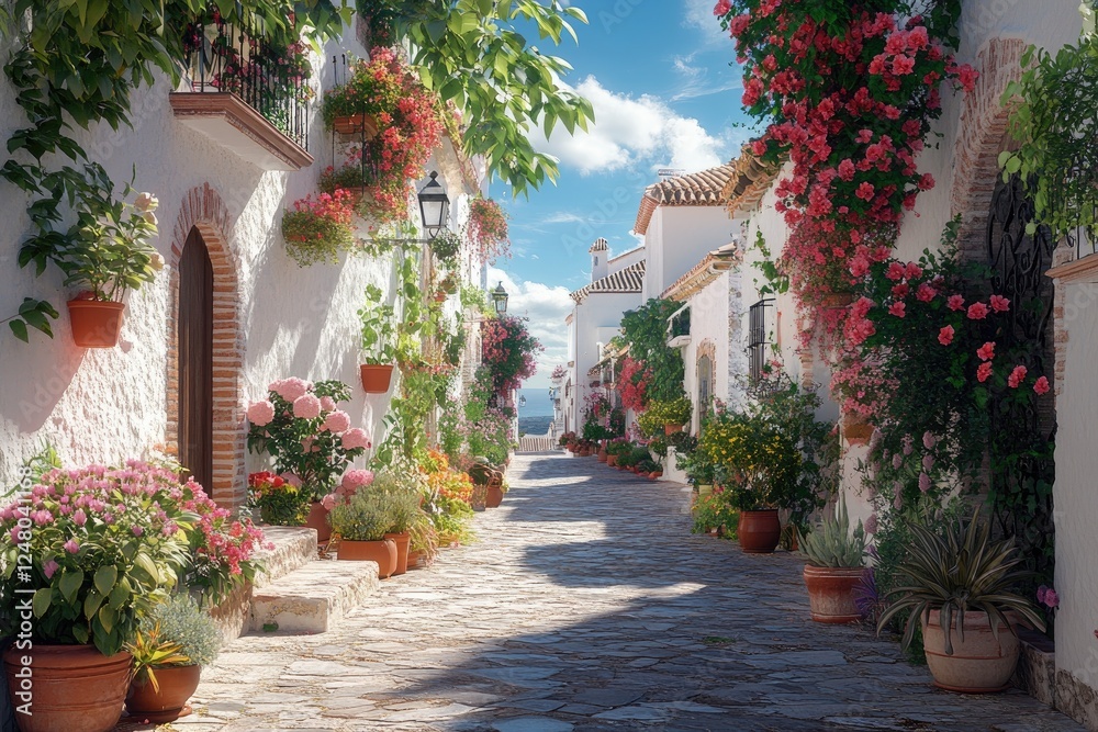Obraz premium Charming mediterranean street with colorful flowers