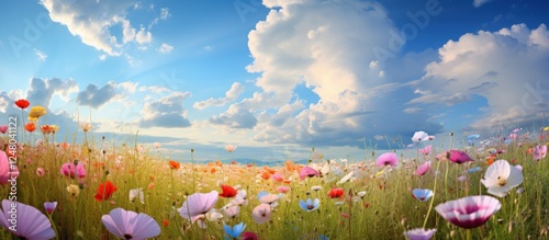 Beautiful colorful chamomile flowers in meadow at summer time. AI generated