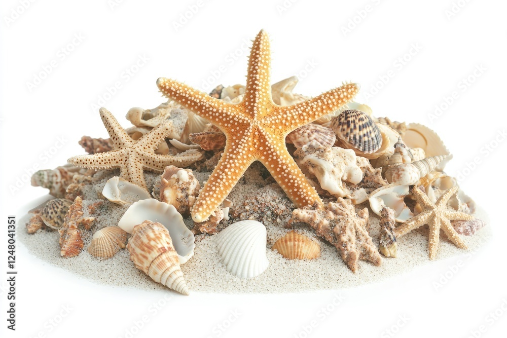 A collection of shells and starfish on a sandy beach A collection of shells and starfish on a sandy beach