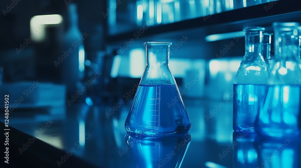 Blue Liquid in Erlenmeyer Flask in a Laboratory Setting Blue Liquid in Erlenmeyer Flask in a Laboratory Setting