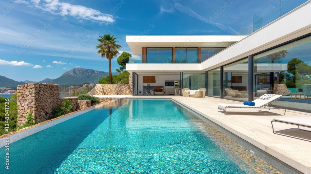 Fototapeta premium A large modern house with a pool and a balcony overlooking the ocean