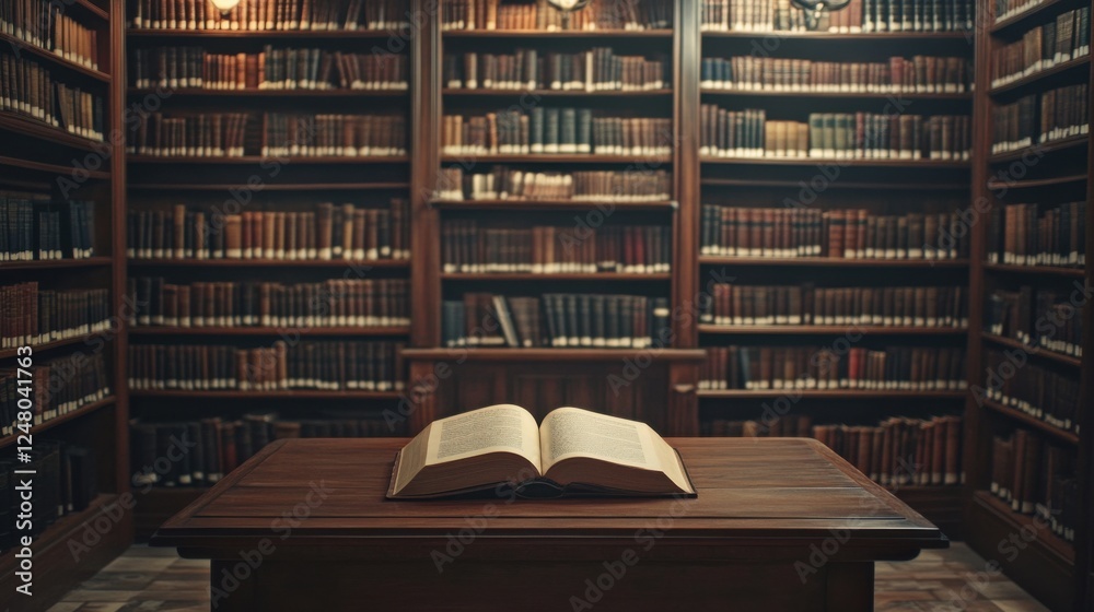 Fototapeta premium A historic library with wooden shelves and books.