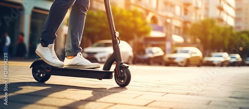 Cropped of young man driving stand-up scooter in the city at sunny day. AI generated image