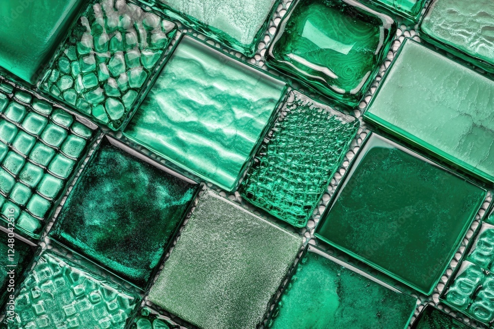 A close-up shot of a textured green glass tile wall with individual tiles visible A close-up shot of a textured green glass tile wall with individual tiles visible