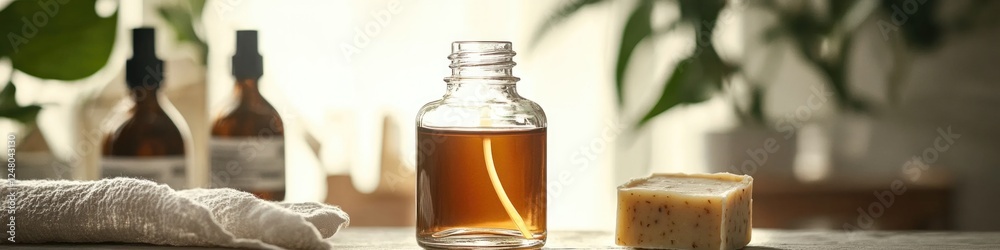 A bottle of liquid sits next to a soap bar A bottle of liquid sits next to a soap bar