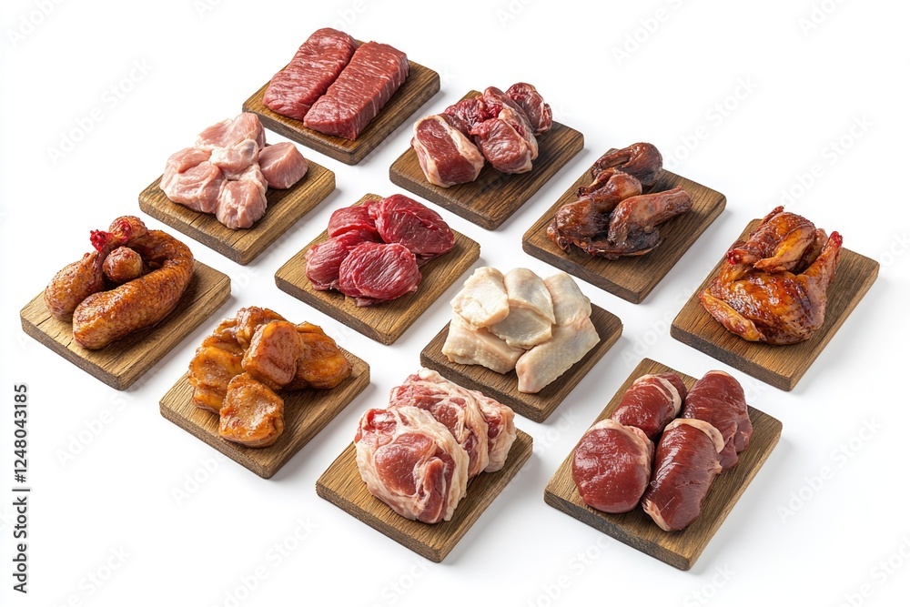 Assorted meats displayed on wooden trays on a white background, suitable for food photography or culinary use Assorted meats displayed on wooden trays on a white background, suitable for food photography or culinary use