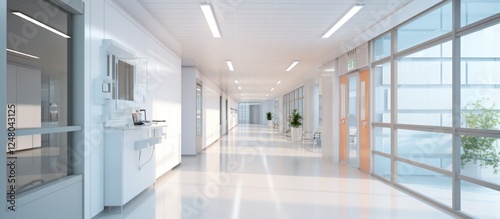 Empty modern Long hospital bright corridor with rooms and windows