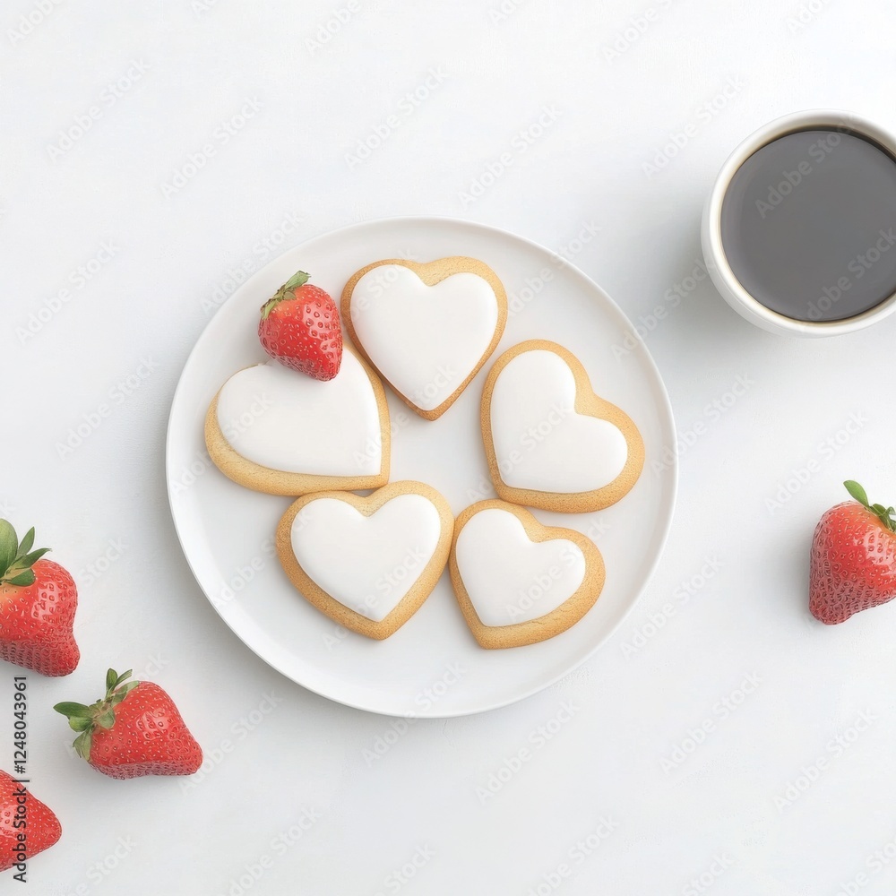 Heart-Shaped Cookies with White Icing and Fresh Strawberries on a Light Background with Coffee Cup Heart-Shaped Cookies with White Icing and Fresh Strawberries on a Light Background with Coffee Cup