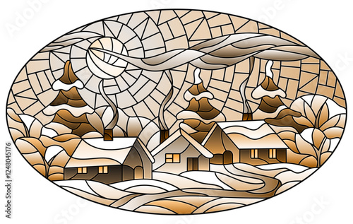 Illustration in a stained glass style with a winter landscape, cozy village houses against a snowdrift and a night sky with a moon, oval image, tone brown