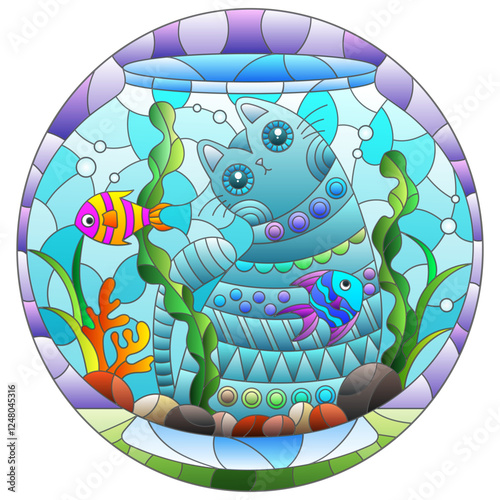 A stained glass illustration with a cute bright cat and a round aquarium with fish
