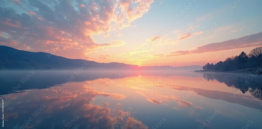 Fototapeta premium Delicate cirrus clouds reflected in a calm lake's surface at dawn, reflection,