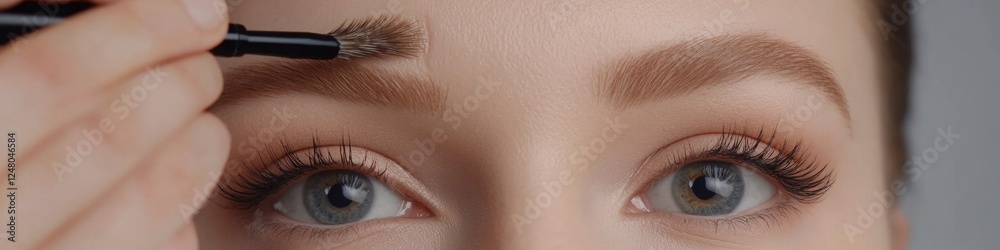 Naklejka premium Close-up shot of a woman's eye with a mascara brush, ideal for beauty and cosmetics concepts