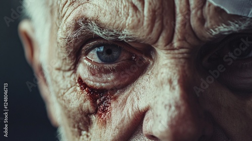 A weathered face of an older man with a deep gash across the eyebrow, showing a bandage partially covering it