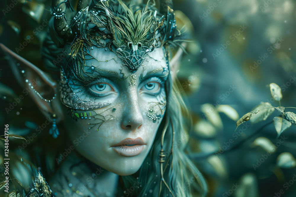 A mesmerizing elven creature with radiant beauty, adorned in nature-inspired attire, blending seamlessly with a magical forest. AI generated A mesmerizing elven creature with radiant beauty, adorned in nature-inspired attire, blending seamlessly with a magical forest. AI generated