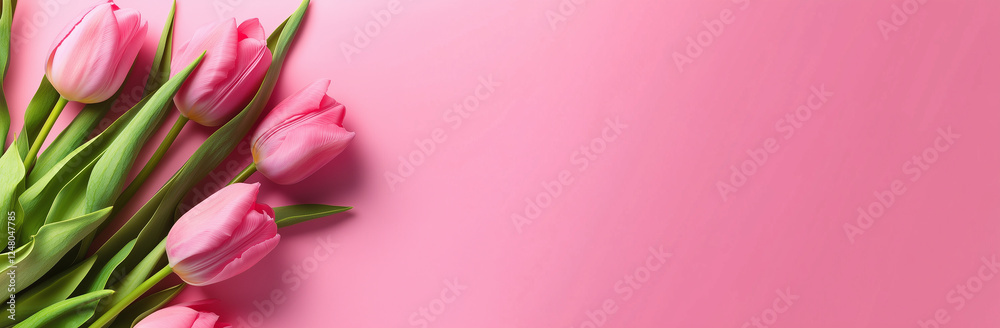 Fototapeta premium Pink tulips on a pink pastel background. Top view, flat lay copy space Valentine’s Day cards, Mother’s Day, Women’s Day message card, save the date cards, and other printing projects.