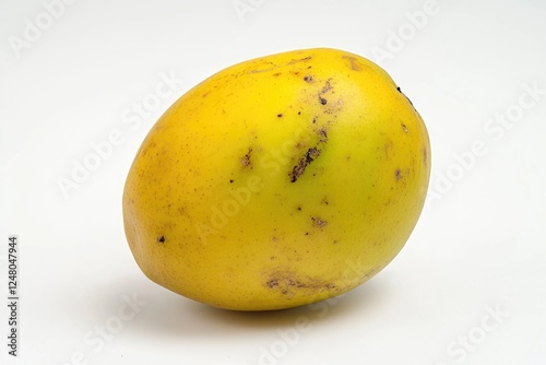 A close-up view of a single yellow fruit on a white surface, suitable for use in food or still life photography