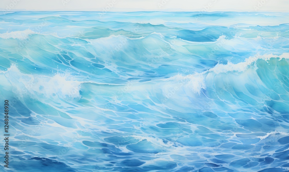 waves calm caribbean water ocean watercolor, Generative AI waves calm caribbean water ocean watercolor, Generative AI