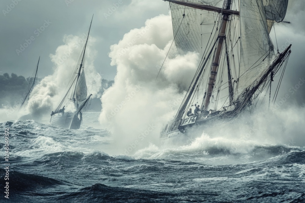 Obraz premium A group of sailboats navigating through turbulent waters