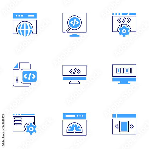 Development icon set. Bold line style. Duotone colors. Editable stroke. development, webdevelopment, metadata, programming, layout, gear, code, program, meta