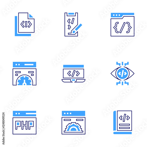 Development icon set. Bold line style. Duotone colors. Editable stroke. webdevelopment, appdevelopment, gamepad, css, add, view, book, coding