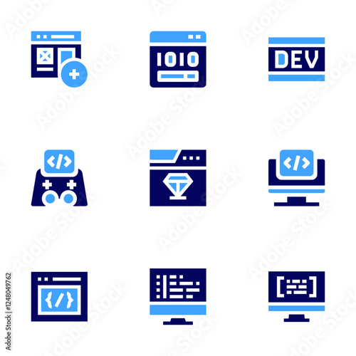 Development icon set. Bold style. Duotone colors. dev, programming, code, gamepad, browser, css, add, monitor, binarycode