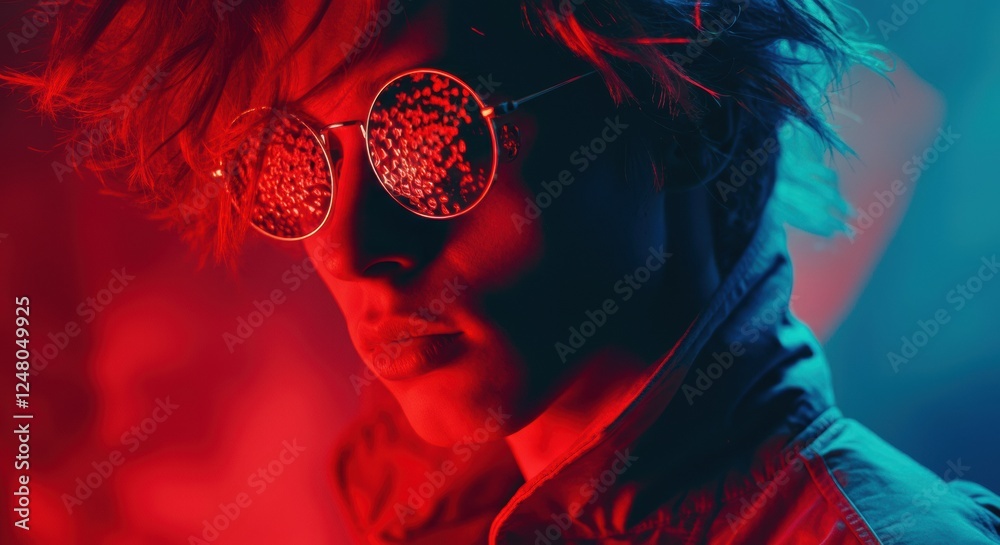 Fototapeta premium Stylish young man wearing reflective sunglasses with vibrant colors